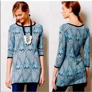 ANTHROPOLOGIE HWR Monogram Whimsical Nestled Owl Tunic Sweater Dress Small